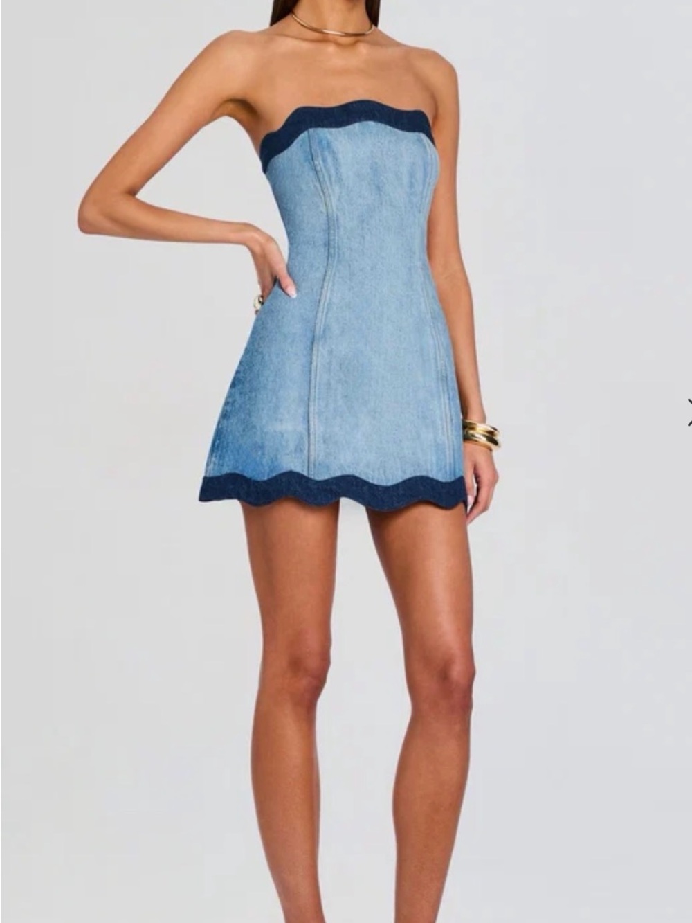 Retrofete Light Blue Denim Strapless Mini with Dark Blue Scallop Trim - Picture 4 of 4
